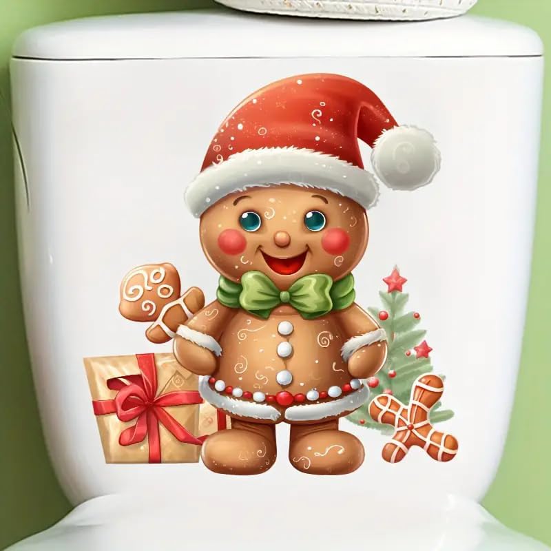 DIDOSOFT Christmas Gingerbread Man Gift Box Toilet Cover Sticker Decals,Fish Bird Flower Leaf Waterproof Toilet Lid Tank Seat Decals Cistern Self-Adhesive Bathroom Wall Sticker - Image 3